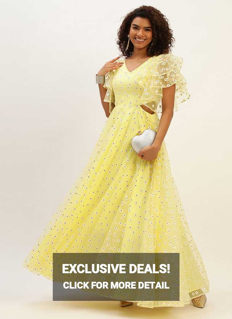 Shop Yellow Foil Printed Net Gown Wedding Wear Online at Best ...