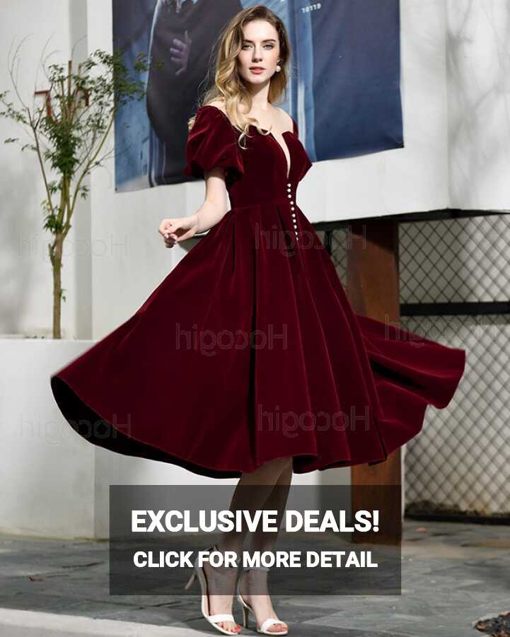 Shop deep v-neck burgundy velvet knee length formal dress with ...