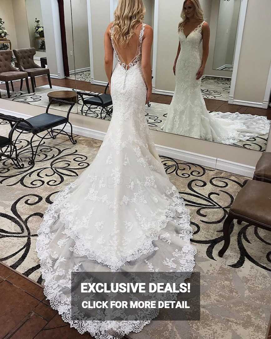 Shop elegant v-neck lace appliqued mermaid white wedding dress ...