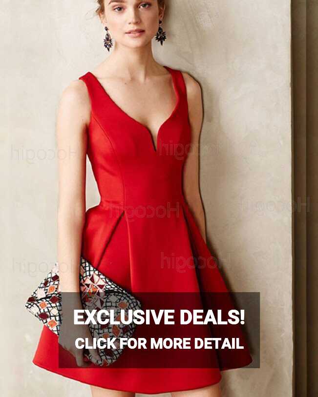 Shop simple elegant square neck red cutout satin short formal ...