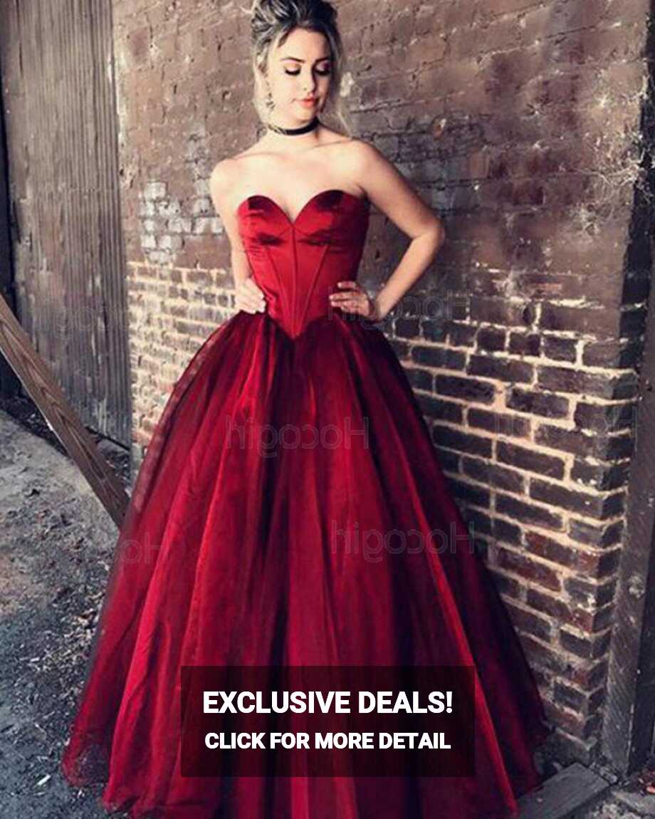 Shop sweetheart satin red ball gown prom dress from Hocogirl.com