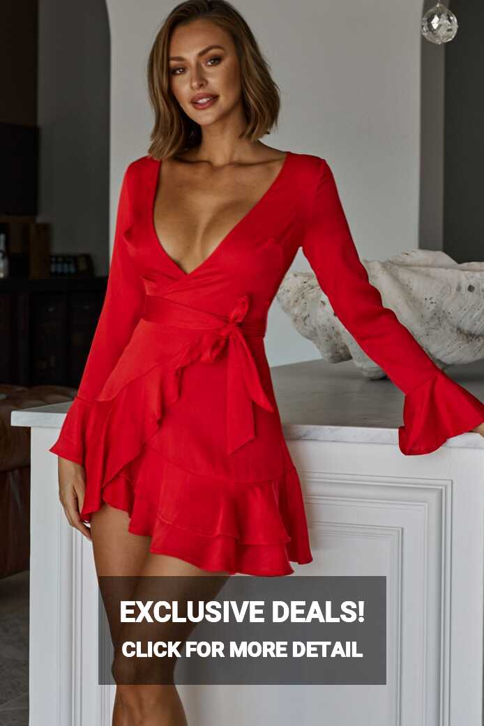 Shop the Khandi Long Sleeve Ruffle Wrap Dress Red | Selfie Leslie