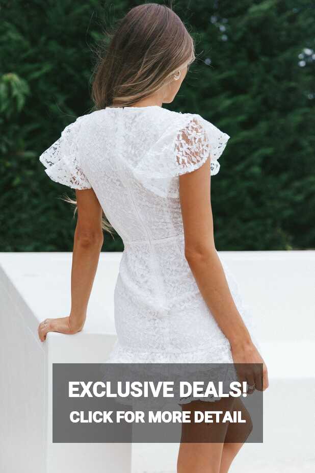 Shop the Lark Crew Neck Ruffle Sleeve Dress Lace Overlay White ...