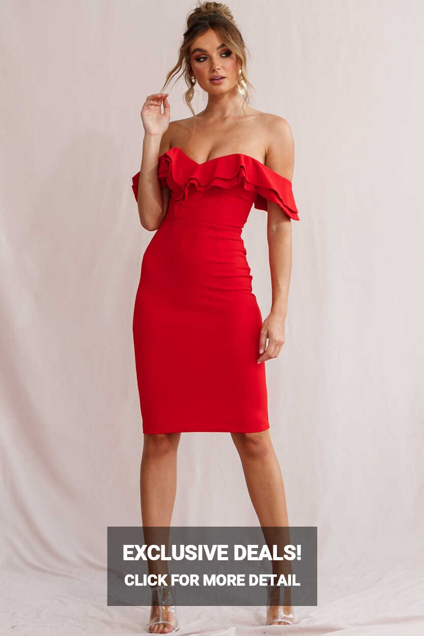 Shop the Rossi Ruffled Off The Shoulder Bodycon Dress Red | Selfie ...