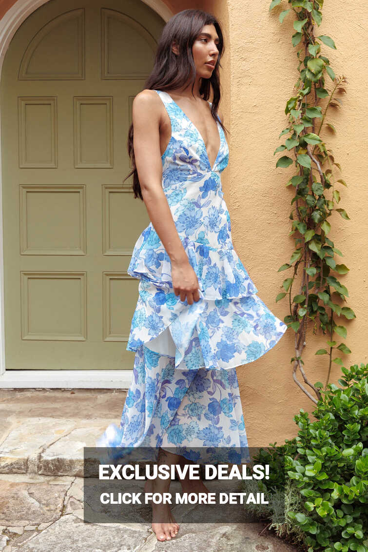 Shop the Veda Strappy Back Ruffle Midi Dress Floral Blue | Selfie ...