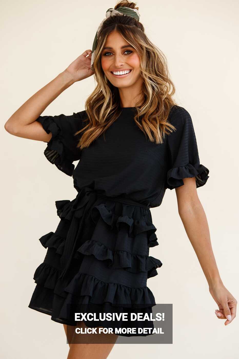 Shop the Zipporah Short Sleeve Layered Ruffle Dress Black | Selfie ...