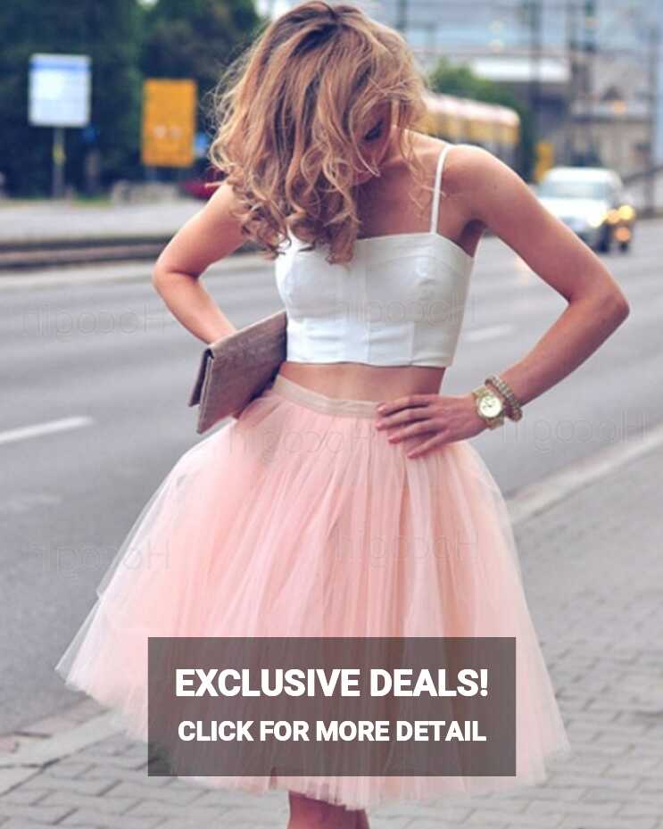 Shop two piece square white and pink short party dress with tulle ...