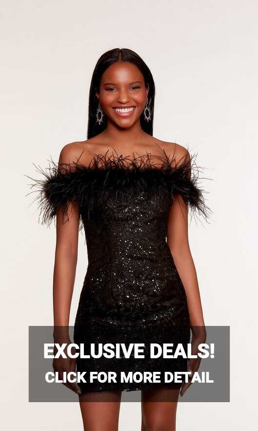 Short Black Glitter Feather Homecoming Dress -PromGirl