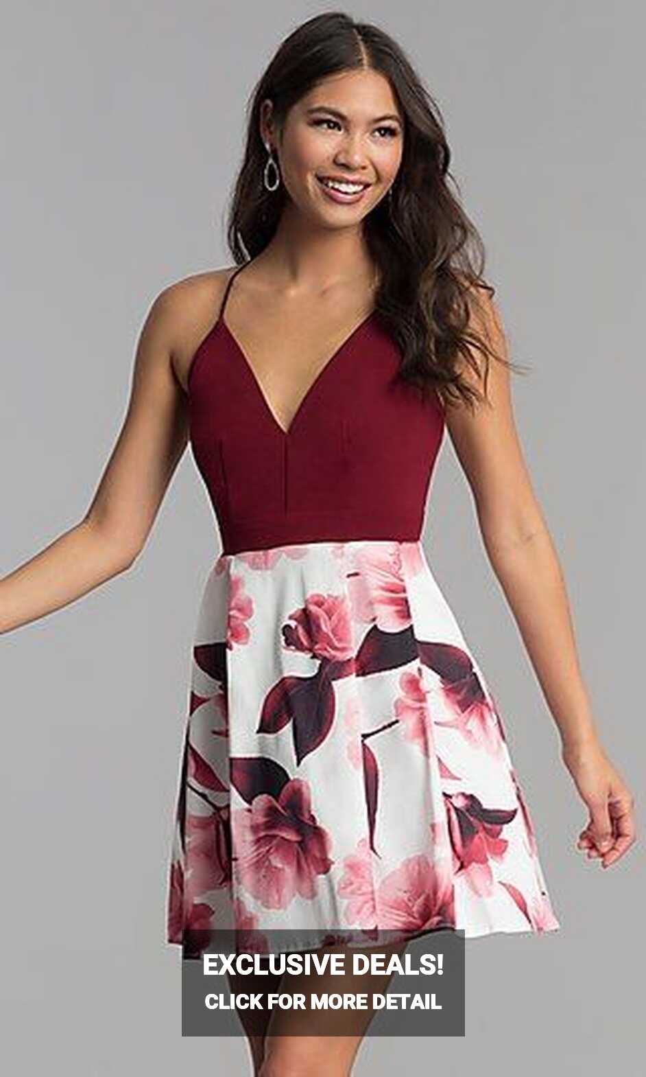 Short Burgundy Hoco Dress with Floral-Print Skirt | Red homecoming ...