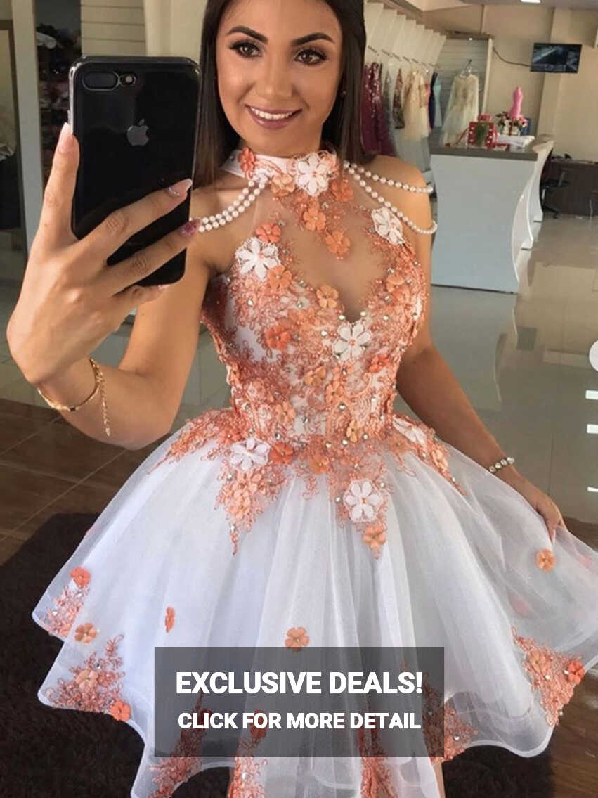 Short Floral Lace Beaded Prom Dresses, White Orange Short Lace ...