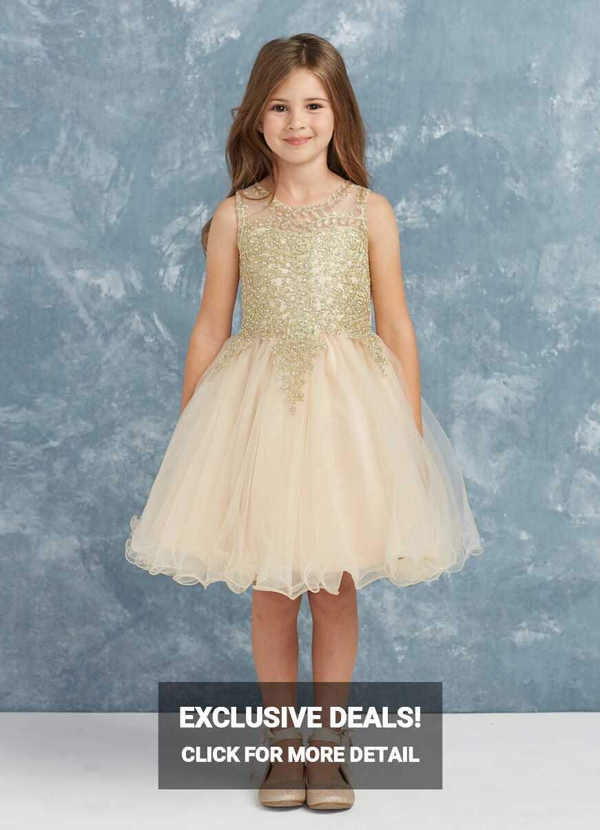 Short Flower Girl Dress with Gold Lace 7013CH – Sparkly Gowns