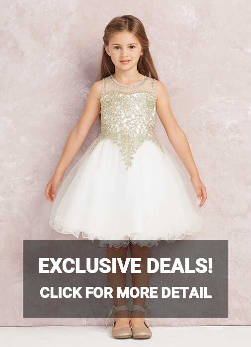 Short Flower Girl Dress with Gold Lace 7013IV – Sparkly Gowns