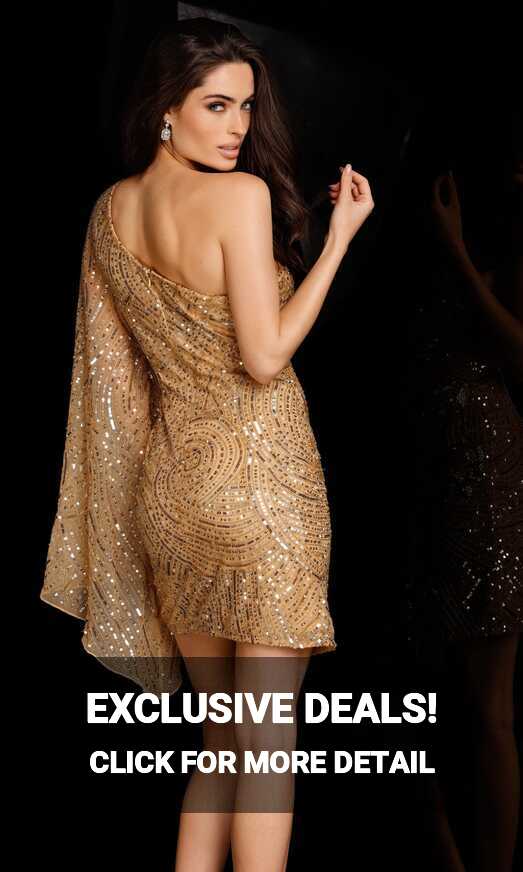 Short Gold One-Shoulder Sequin Party Dress - PromGirl