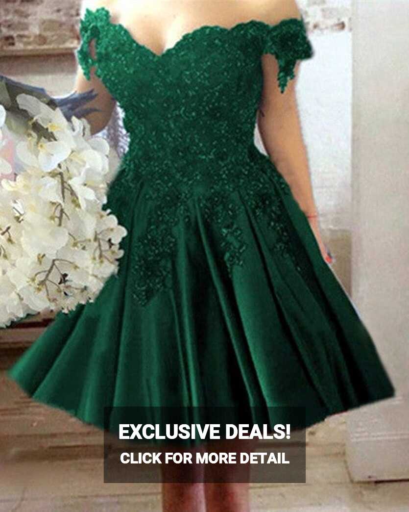 Short Green Satin Prom Dresses Off Shoulder With Lace Flowers ...