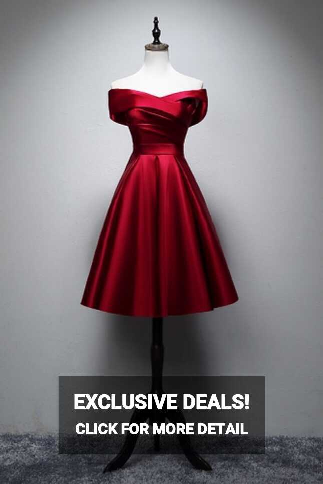 Short Knee Length Burgundy Satin Dress with Off Shoulder