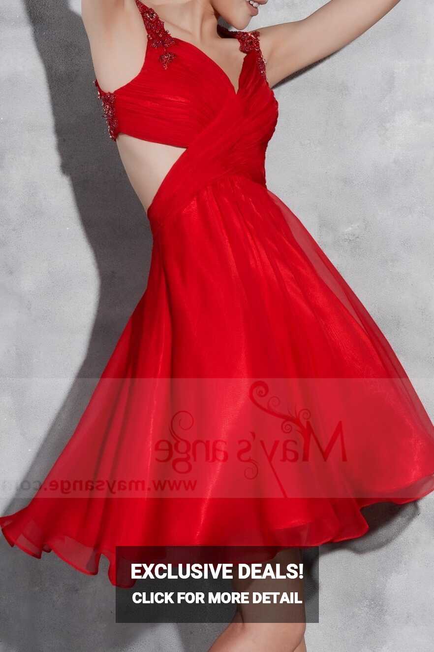 Short Open-Back Red Cocktail Dress With Imbroidered Straps