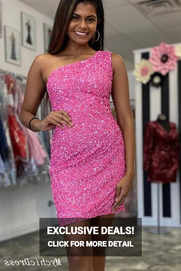 Short Pink Sequin Homecoming Dresses One Shoulder Tight Cocktail ...