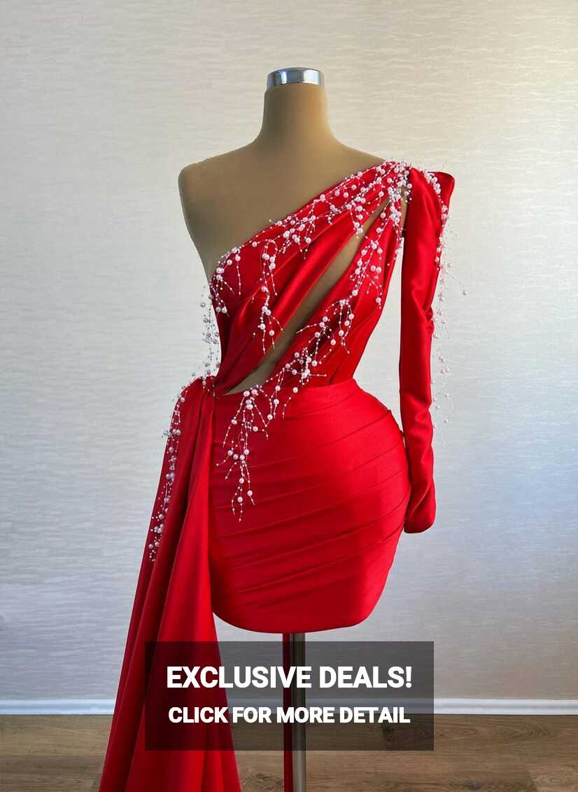 Short Red Elegant Dress with One-Sided Train and White Intricate ...