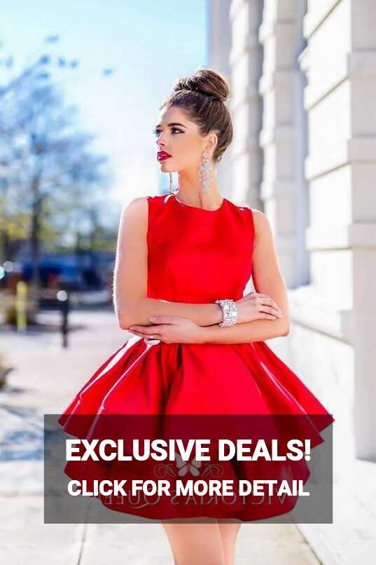 Short Red Satin Layered Crew Neckline Cocktail Dress - VQ