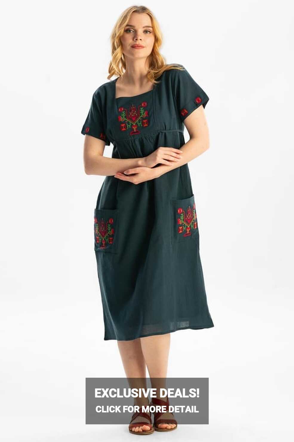 Short Sleeve Şile Fabric Melek Midi Dress Petrol | silemoda.com