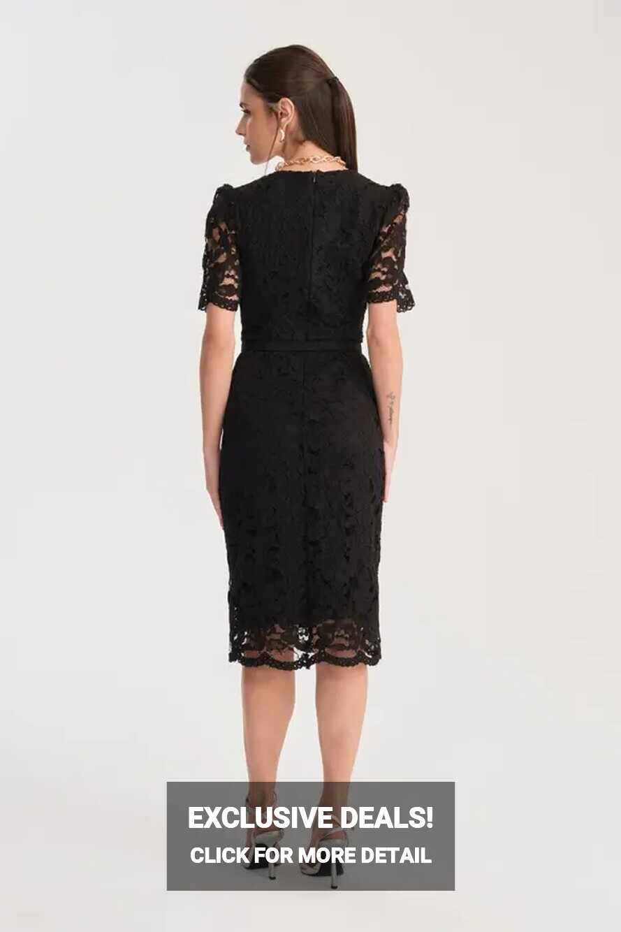 Short Sleeve Lace Dress -Black | Dress