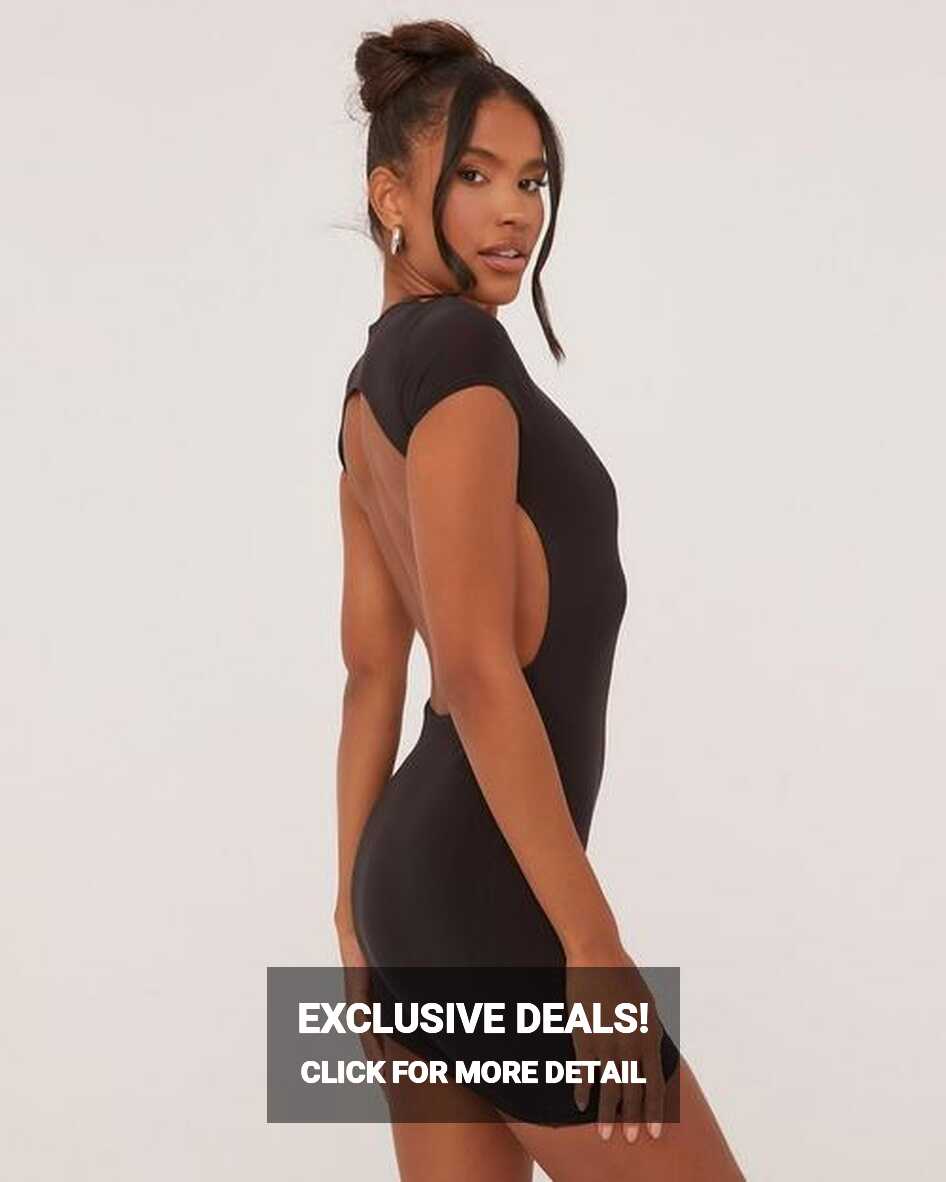 Short Sleeve Open Back Mini Bodycon Dress In Black Slinky | EGO