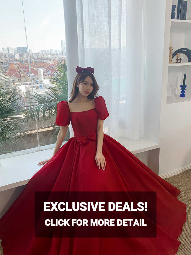 Short Sleeve Prom Dresses Red Elegant Satin Vintage A Line Prom ...