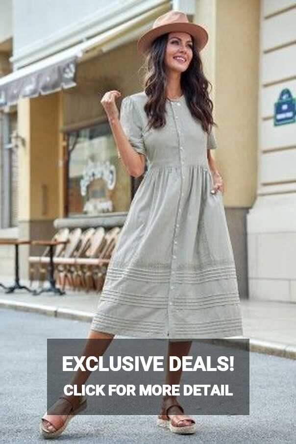 Short Sleeve Round Neck Button Cotton Midi Dress