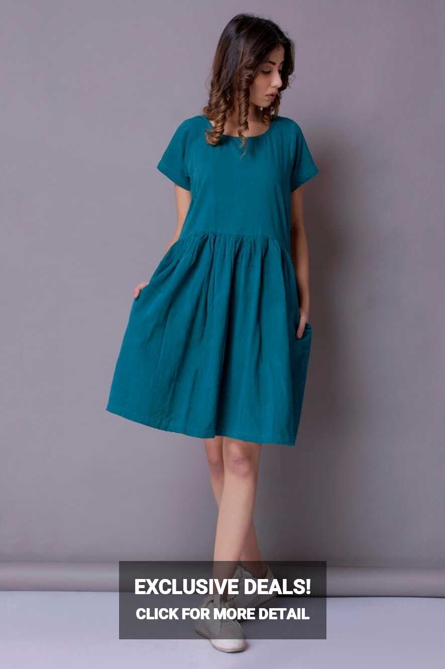 Short Sleeved Dress, Teal Linen Dress, Summer Dress, Knee Length ...