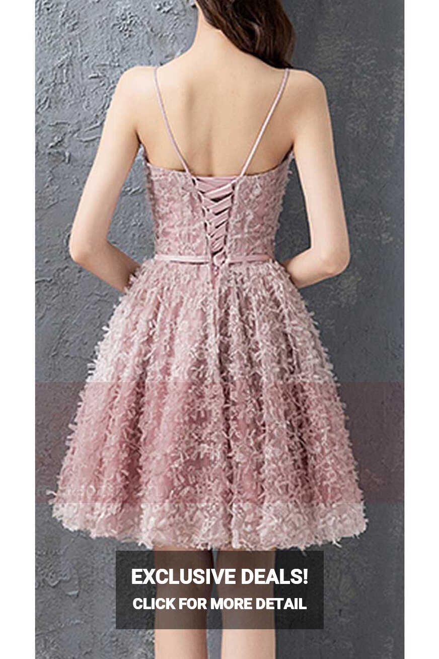 Short Spaghetti-Strap Prom Dress in Peach Beige