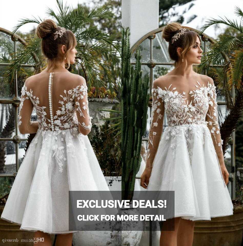 Short Wedding Dress Lace Appliqued A Line Long Sleeves Illusion ...