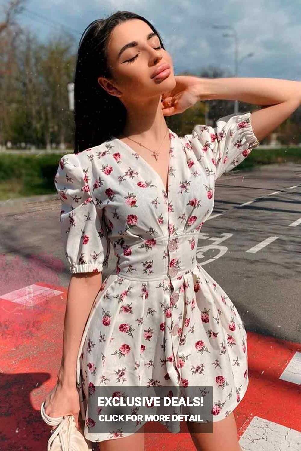 Short White Floral Dress With Puff Sleeves