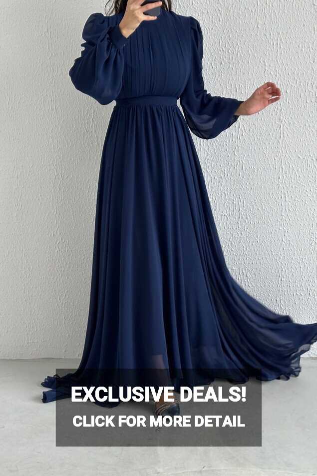 Short in Front, Long in Back Chiffon Hijab Evening Dress Navy Blue ...