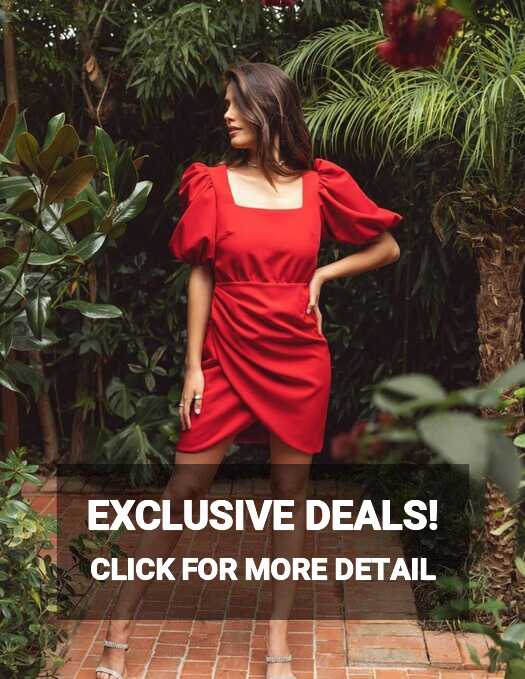 Short red party dress with short puffed sleeves | INVITADISIMA