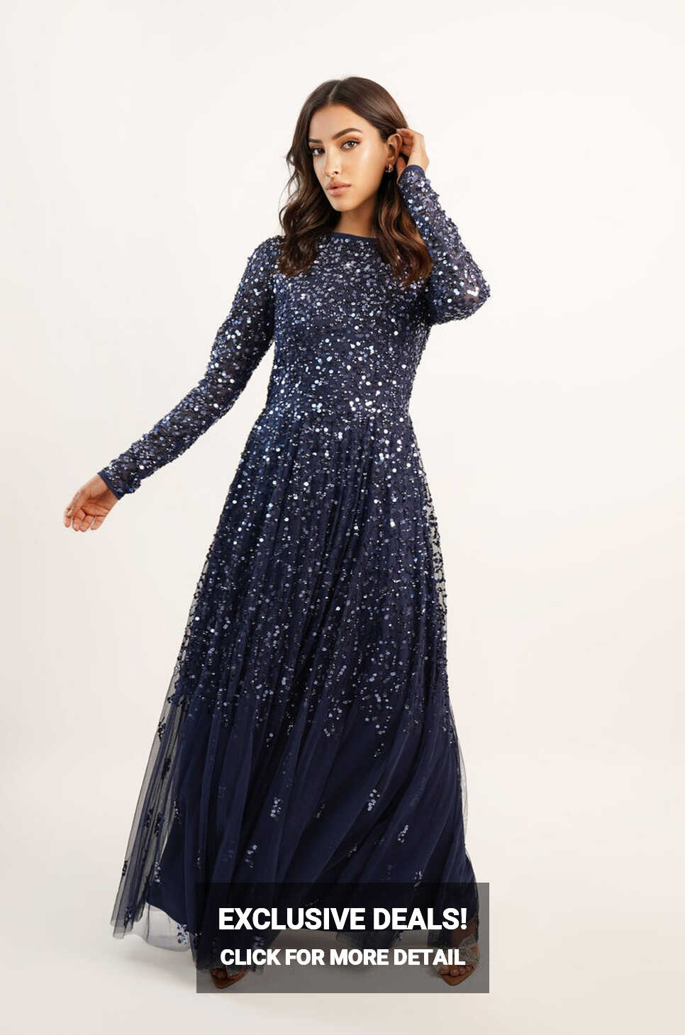 Sila Long Sleeve Embellished Maxi Dress in Dark Blue – Lace &amp; Beads