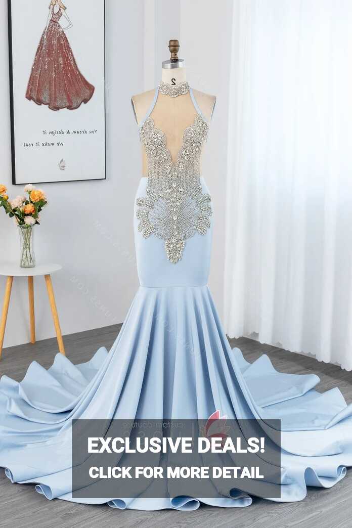 Silver Beading Light Blue Spandex Mermaid Sexy Prom Dress - Lunss