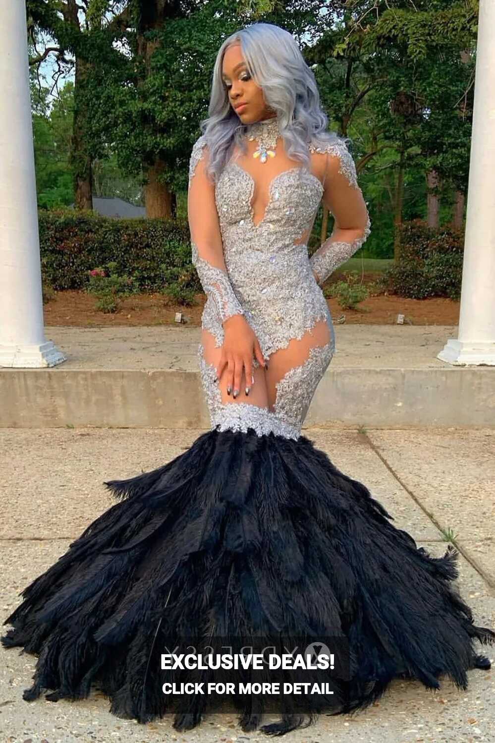 Silver Lace Black Feather Sheer Trumpet Prom Dress - Xdressy