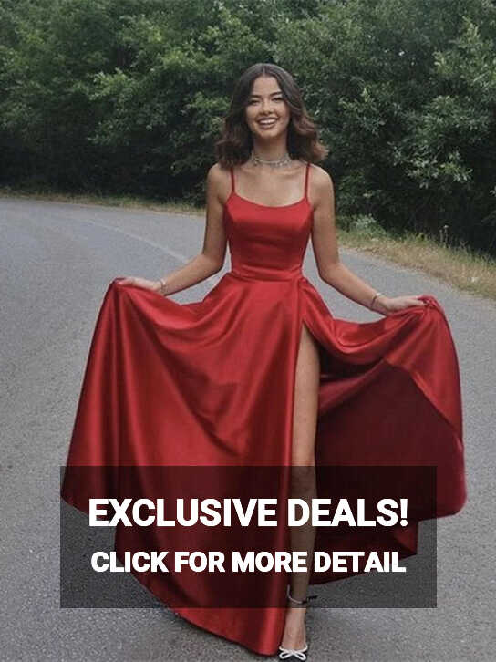 Simple A Line Dark Red Satin Long Prom Dresses with High Slit ...