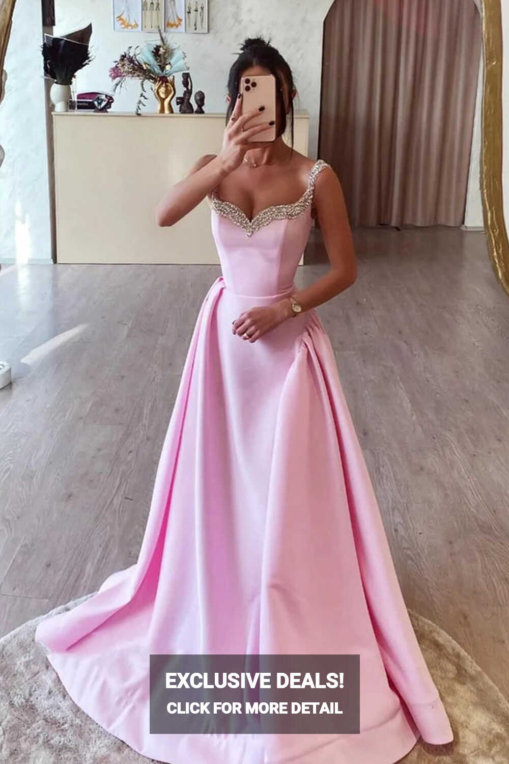 Simple A Line Pink Satin Long Prom Dresses with Beadings PSK562 ...