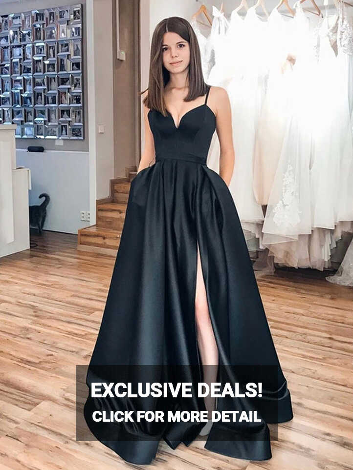 Simple A Line Satin Black Long Prom Dresses with High Slit, Long ...