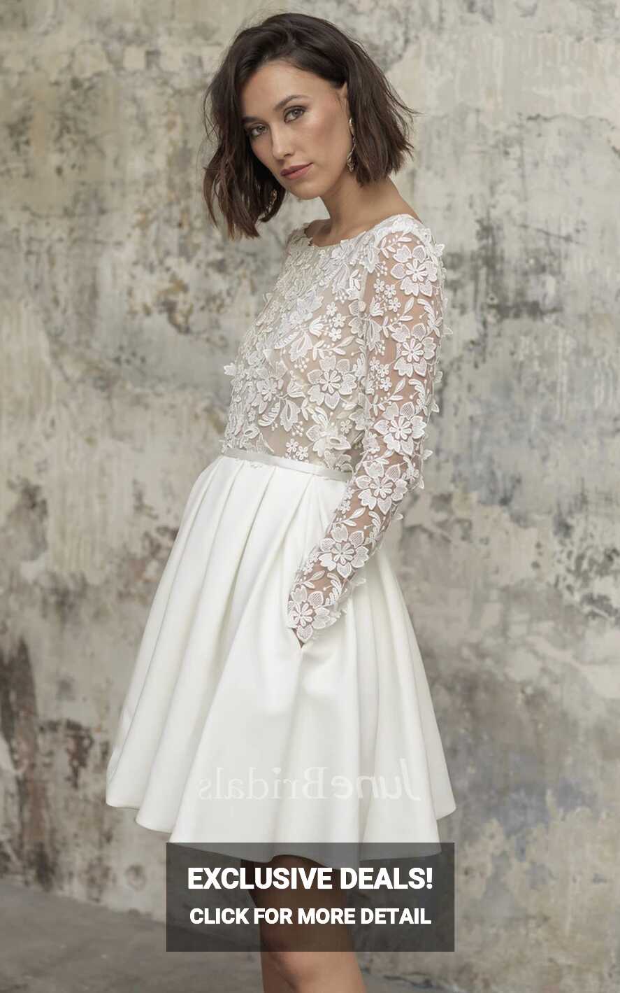 Simple A Line Short Knee-length Satin Lace Bateau Long Sleeve ...