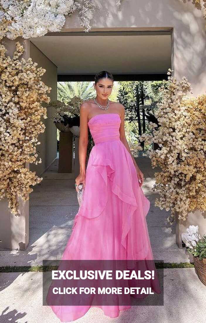 Simple A Line Tulle Ruffle Pink Prom Dresses Strapless Modest ...