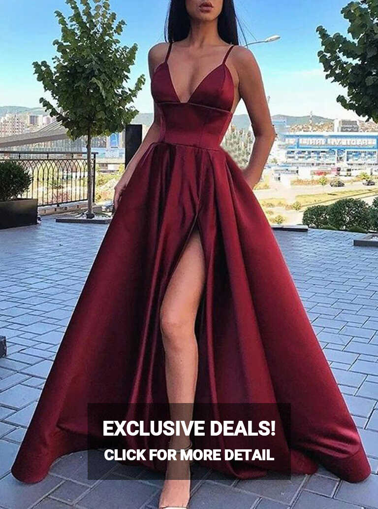 Simple A Line V-Neck Burgundy Split Prom Dresses