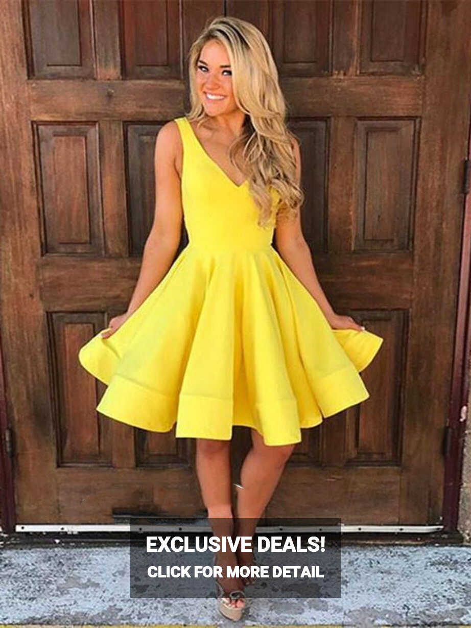 Simple A Line V Neck Short Yellow Prom Dresses, Short Yellow ...