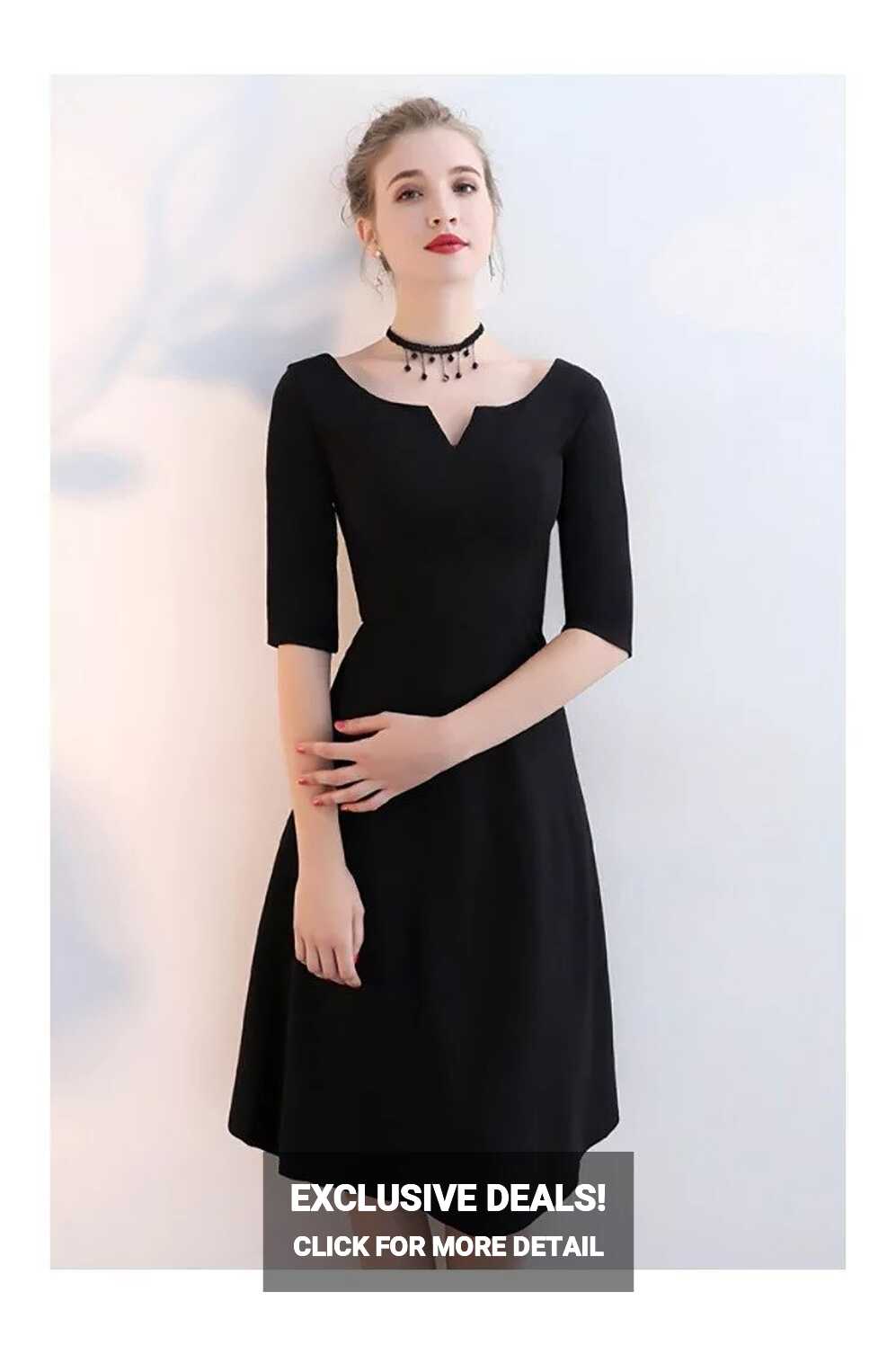 Simple Black Aline Knee Length Party Dress with Sleeves - $75.9 ...