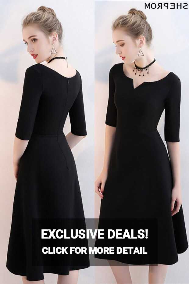 Simple Black Aline Knee Length Party Dress with Sleeves