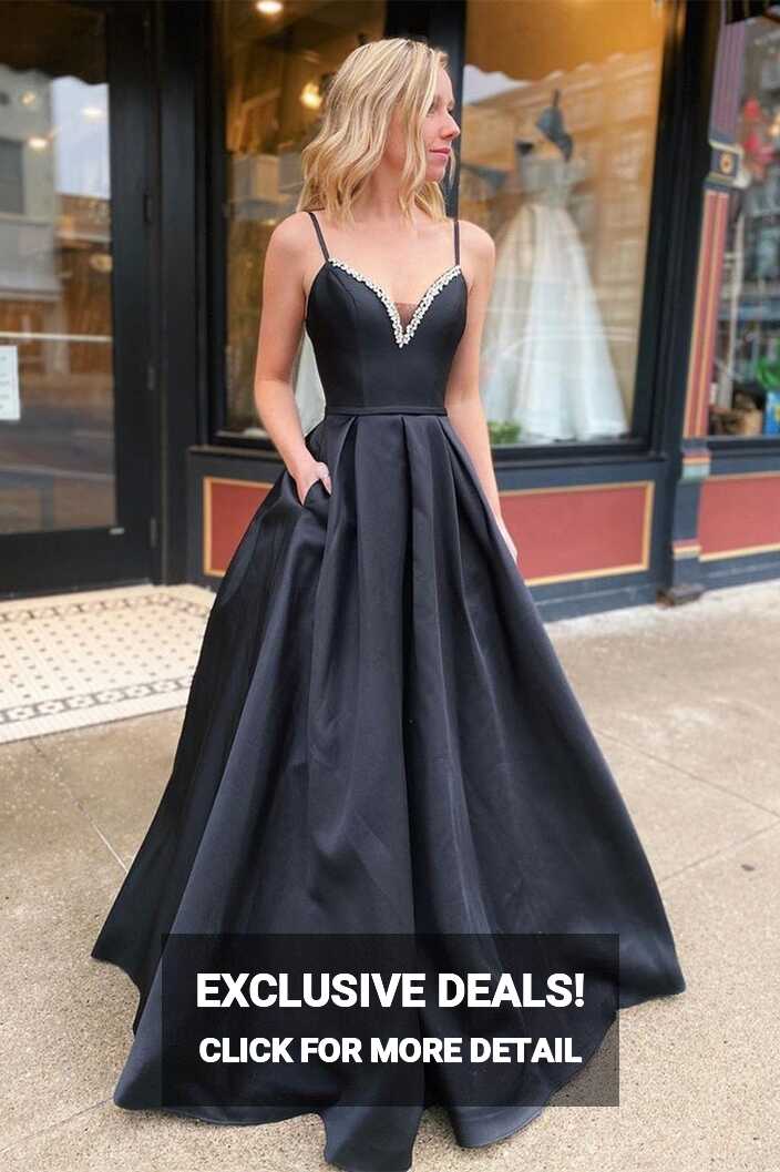 Simple Black Satin Prom Dresses V Neck Spaghetti Straps Long ...