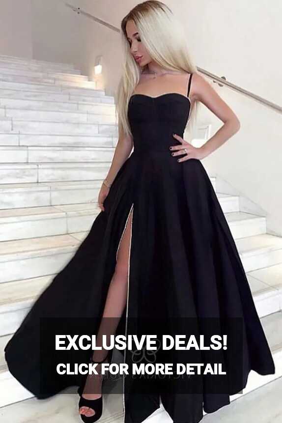 Simple Black Satin Spaghetti Strap High Slit Prom Dress - VQ