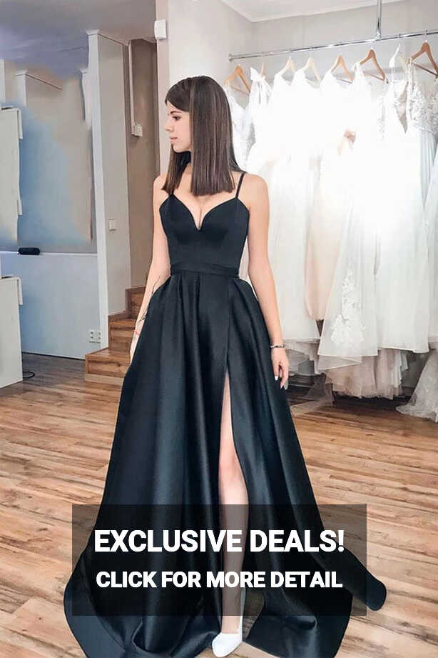 Simple Black Spaghetti Strap Satin Long Prom Dress Evening Dress ...