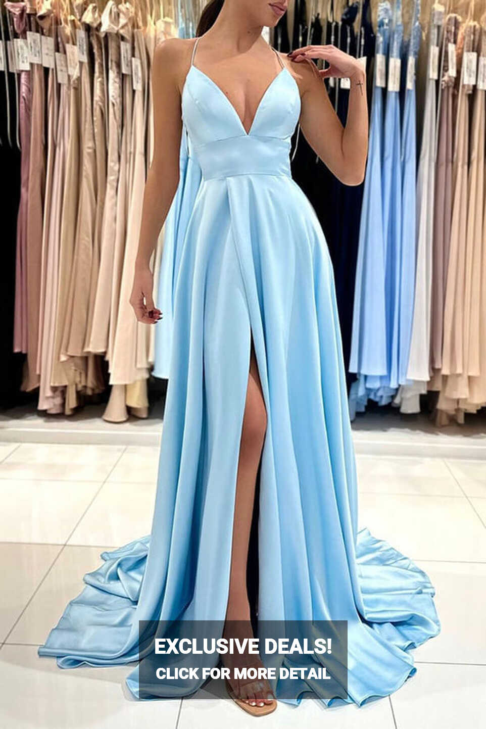 Simple Blue Satin A-line V-neck Long Prom Dresses MP785 | Musebridals